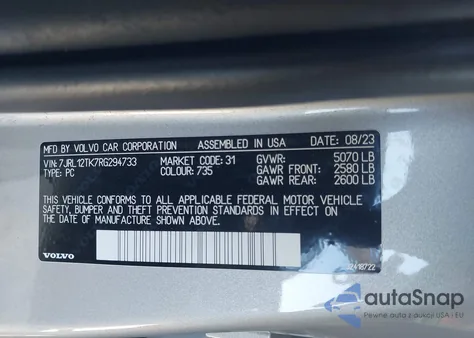 2024 Volvo S60 B5 Core Dark Theme из США, поврежденный, VIN 7JRL12TK7RG294733